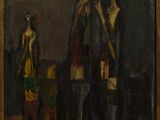 un tableau représentant un homme et une femme debout devant un bâtiment
