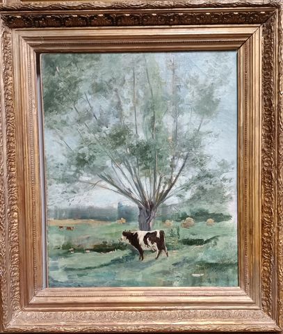 Adrien VOISARD MARGERIE (1857-1954) « Paysage à la vache ». Huile
