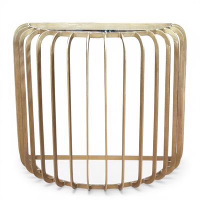 FLAMANT Console demi-lune en acier patiné doré et plateau de…