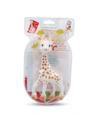 cure-dent en forme de girafe dans son emballage, sur fond blanc