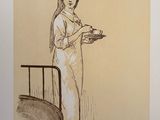 drawing of a woman in a white dress holding a tray of food