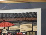 a picture of a picture of a market with a red umbrella