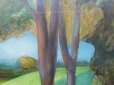 a painting of two trees in the middle of a field