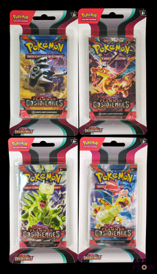 four packs of pokemon trading cards in plastic packaging on a black background