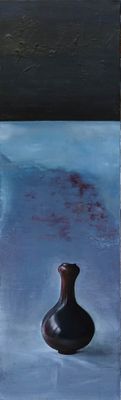 a painting of a black vase on a blue surface