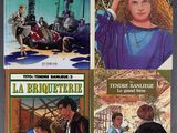 three books on the cover of a novel about a woman and a man in a boat