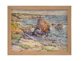 une peinture à l'huile représentant une côte rocheuse avec des rochers au premier plan