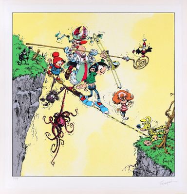 tableau représentant un groupe de personnages de dessins animés suspendus à une corde au-dessus d'une falaise