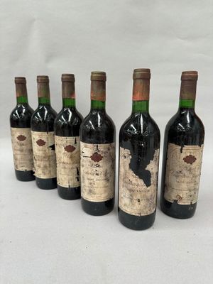 six bottles of wine are lined up in a row on a white surface