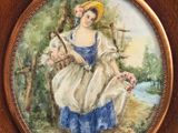 a picture of a painting of a woman sitting on a bench