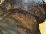 an oil painting of a cat sitting on top of a wooden table
