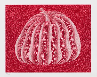 a red and white drawing of a pumpkin on a red background