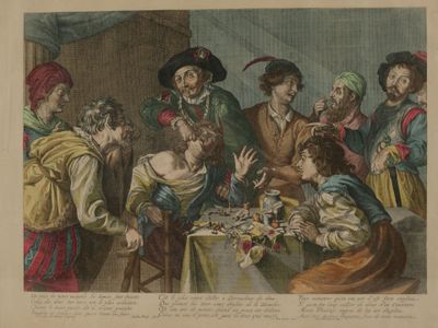 un tableau représentant un groupe de personnes réunies autour d'une table