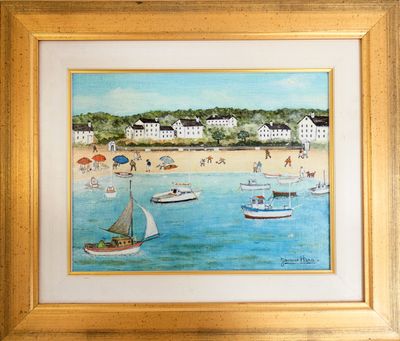 un tableau représentant une scène de plage avec des bateaux dans l'eau