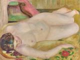 tableau représentant une femme nue allongée sur un lit, avec une chaise en arrière-plan