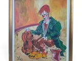 tableau représentant un clown et un chien dans une pièce