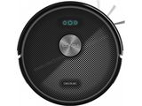 a close up of a black robot vacuum cleaner on a white background