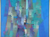 an abstract painting of blue, green, and purple shapes