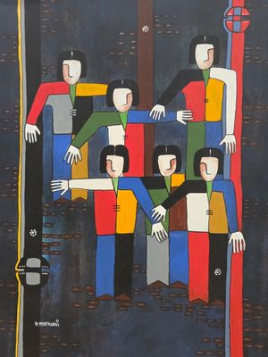 an image of a painting of a group of people on a train
