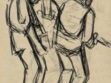 dessin représentant deux hommes debout l'un à côté de l'autre, dont l'un tient un couteau