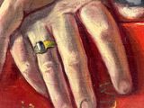a painting of a man holding a woman ' s hand on a book