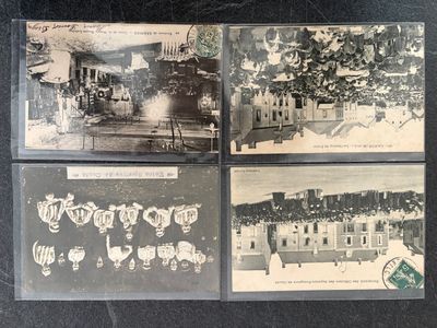 four old postcards of a town with buildings and trees