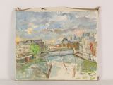 an oil painting of a painting of a river with buildings in the background