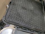 an image of a dirty toilet with a metal lid