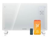 an image of a white glass wall mounted heater with a remote control