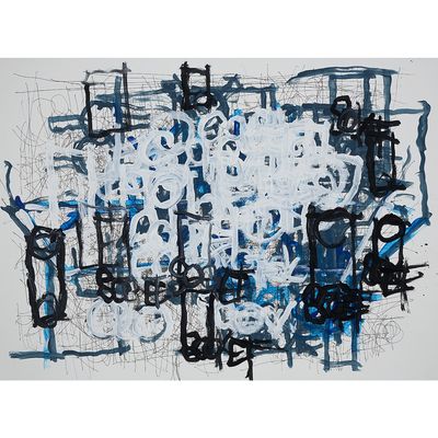 an abstract painting with blue and white paint on a white background