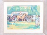 painting of a horse race with jockeys and horses in the background
