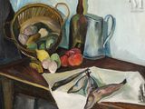 a painting of fish on a table next to a basket of fruit