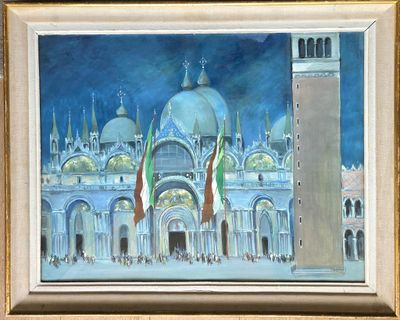 a painting of a building with a clock tower in the background