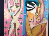 deux tableaux représentant un homme et une femme sur fond noir