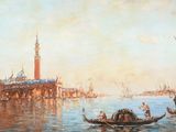 un tableau représentant une gondole au milieu de l'eau
