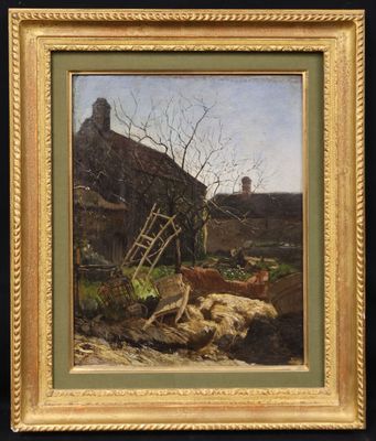 une peinture à l'huile représentant une scène de campagne avec une vache et une maison en arrière-plan