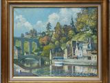 an oil painting of a river scene with a bridge in the background