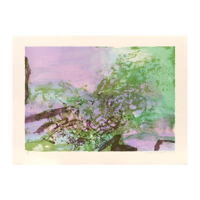 purple and green abstract painting of a tree in a field