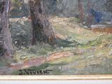 a painting of two trees in a field with a bench
