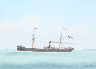 une peinture représentant un bateau sur l'eau, avec un drapeau hissé