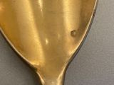 a silver spoon with a gold handle on a table