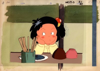un dessin représentant une fille assise à une table devant une assiette de nourriture