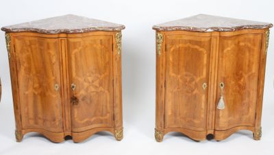 pair of louis xv style marble top bedside cabinets