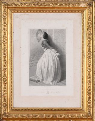 On voit un dessin représentant une femme en robe blanche, encadré dans un cadre doré.