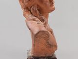a close up of a sculpture of a woman ' s head on a clear base