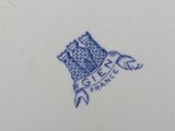 a close up of a plate with a blue and white design on it
