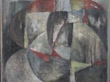 une peinture à l'huile représentant un homme portant un chapeau et une chemise rouge et blanche
