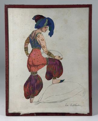 un tableau représentant une femme portant un chapeau bleu et un pantalon rouge