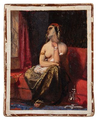un vieux tableau représentant une femme assise sur un canapé rouge, un verre de vin à la main