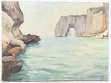 a painting of a rock formation in the water